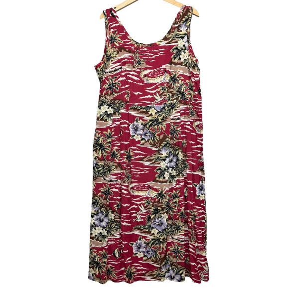 Hilo Hattie Dress Womens Large Red Fujiette Print Tropical Midi Pleated Pockets - Picture 1 of 8